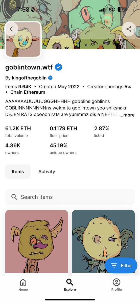 I follow the ecosystem that <a href="/goblintown/">goblintown</a> is in more than 99% of people in the nft world. They are building so much lore than what meets the eye on the surface. When people start to learn this I am confident that they will moon.