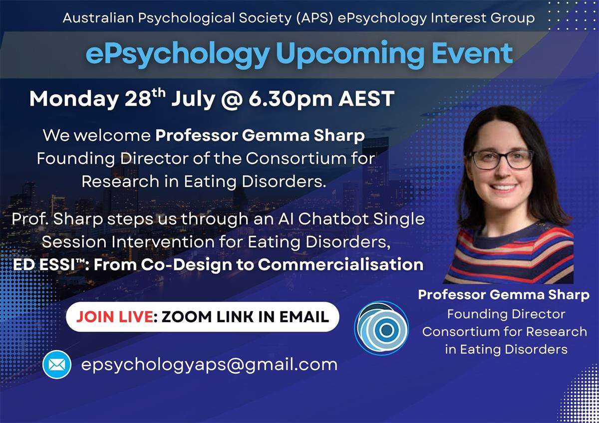 Professor Gemma Sharp (@gemmasharp11) on Twitter photo I'm excited to be able to share the entire ED ESSI(TM) #EatingDisorder #AI #Chatbot story from initial conception to commercialisation through the wonderful <a href="/AustPsych/">Australian Psychological Society</a> ePsychology group 🙏 I'll be presenting on Mon 28 July at 6:30pm AEST-pls just message me for the Zoom details😁 I'm excited to be able to share the entire ED ESSI(TM) #EatingDisorder #AI #Chatbot story from initial conception to commercialisation through the wonderful <a href="/AustPsych/">Australian Psychological Society</a> ePsychology group 🙏 I'll be presenting on Mon 28 July at 6:30pm AEST-pls just message me for the Zoom details😁