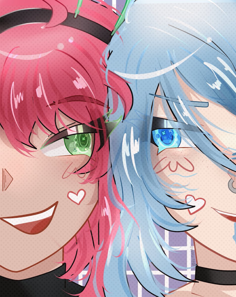 ALocalBlueberry's tweet image. &quot; Hey! Haine c&apos;mere! I wanna try something~! Hold still for a second^^! &quot; 

WITH MAH WIFE @HaineIki 🩷🩵🩷🩵

  - @/xcorecats (★ toto .ᐟ) on Vgen