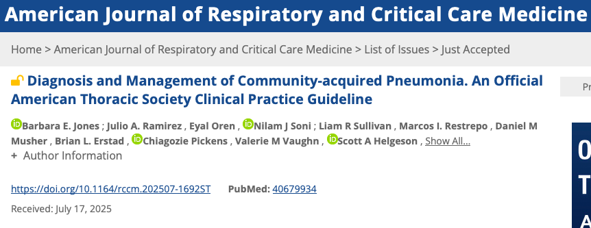 AliSMV7's tweet image. 🔺NEW: Diagnosis and Management of Community-acquired Pneumonia. An Official American Thoracic Society Clinical Practice Guideline (2025)
atsjournals.org/doi/10.1164/rc…