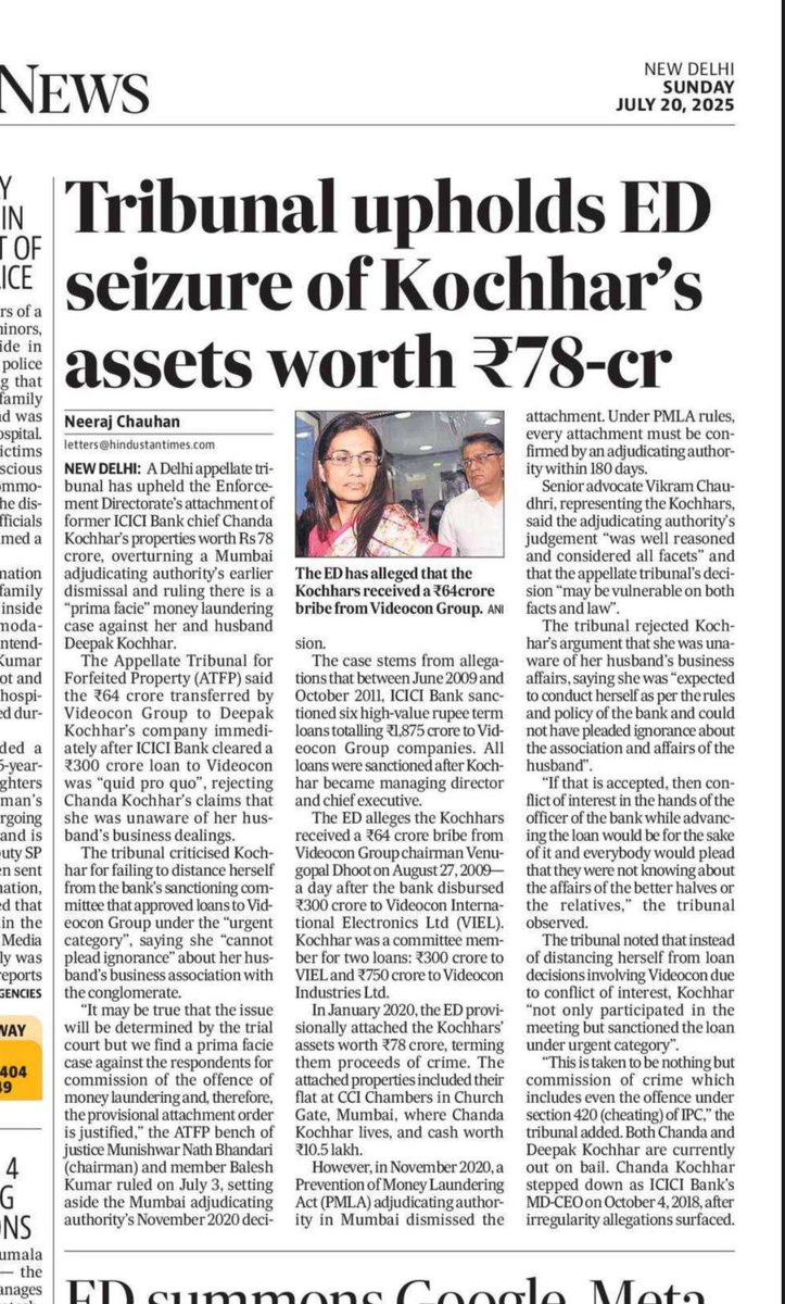 neerajwriting's tweet image. A PMLA tribunal, while upholding ED’s attachment of her assets, has said there is “prime facie” money laundering offence against former ICICI Bank MD Chanda Kochhar & her husband & Rs 64 crore given by Videocon was quid pro quo.
hindustantimes.com/india-news/tri…