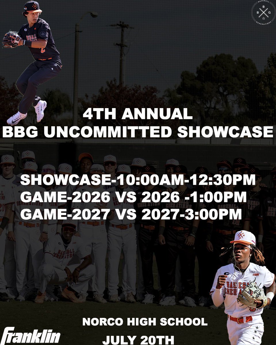 Roster for the 4th Annual BBG Uncommitted Showcase✅ 
Tomorrow at Norco High School🔥
Showcase-10:00am-12:30pm 
Game-2026 vs 2026-1:00pm 
Game-2027 vs 2027-3:00pm