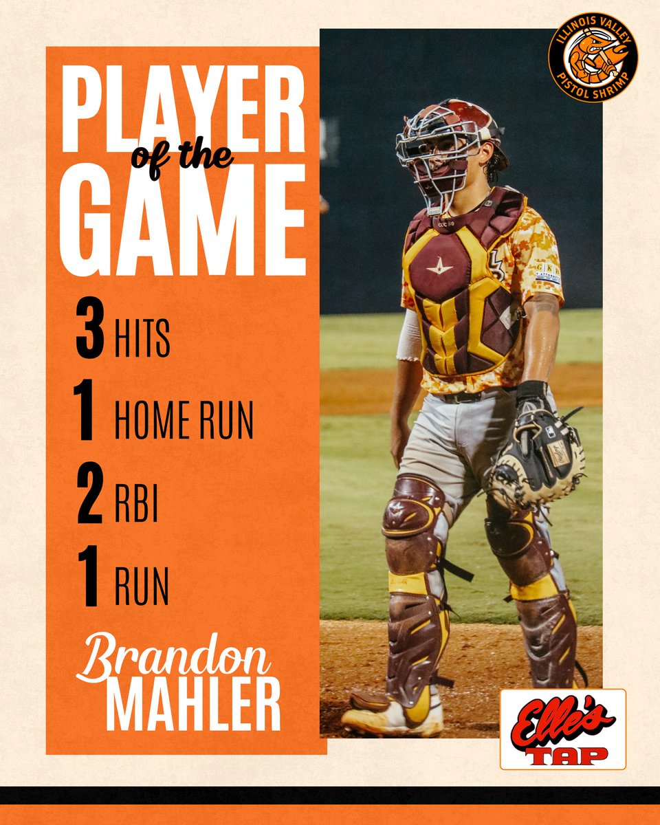 Brandon Mahler is tonight's Player of the Game! 🦐

Mahler picked up 3 hits and launched a home run! #FearTheClaw

presented by Elle's Tap!
