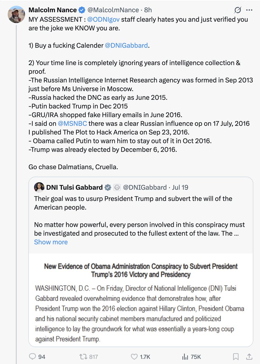 plum83006's tweet image. MY ASSESSMENT:
.@MalcolmNance was an enlisted Arabic linguist and radiotelephone operator — i.e., a low-level technician.
Nance has never come close to national-level intelligence. Furthermore, the US Navy kicked Nance out of the radiotelephone operator work in 1995; he's a…