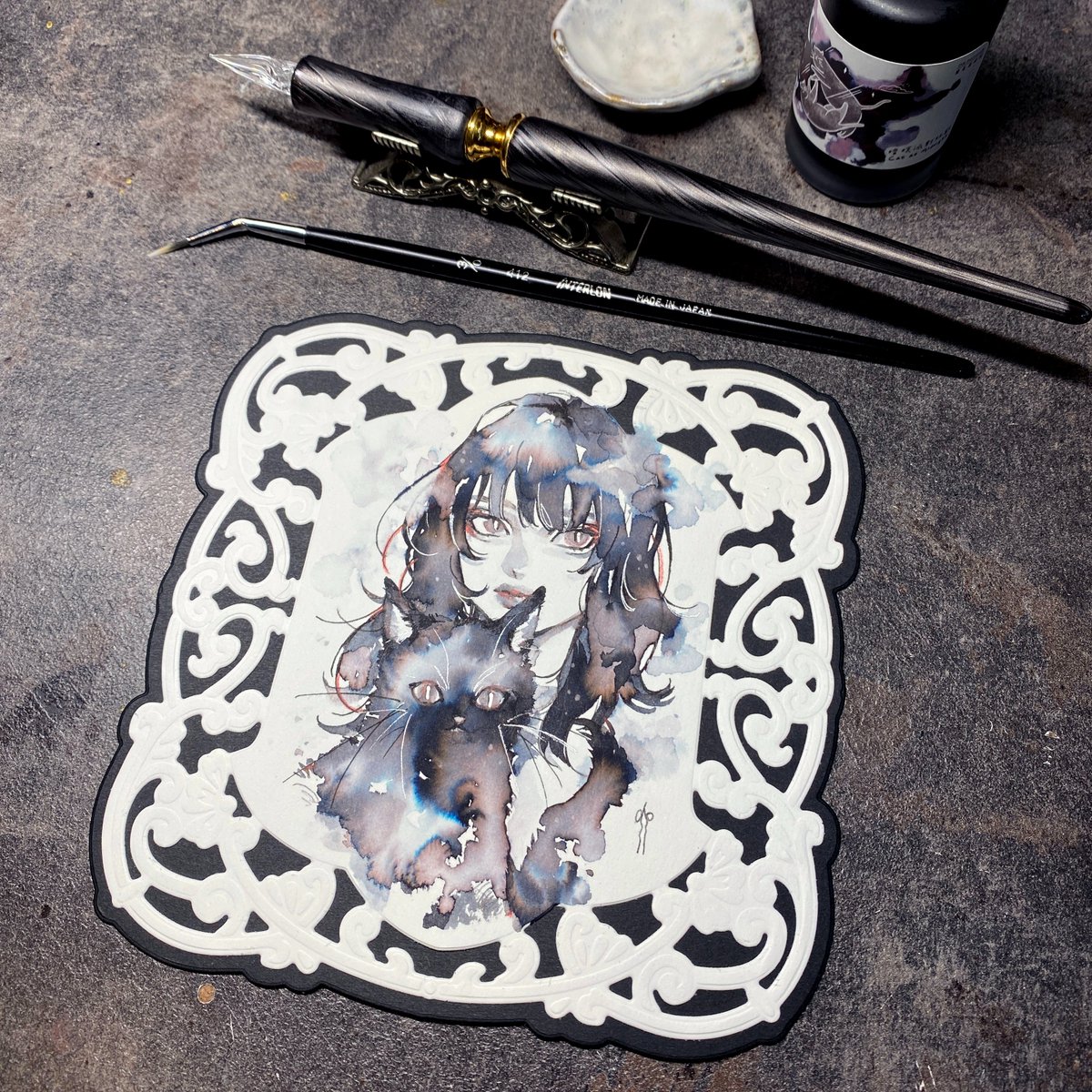 「インク1色で描いた猫さんが宇宙だった」|孳々のイラスト