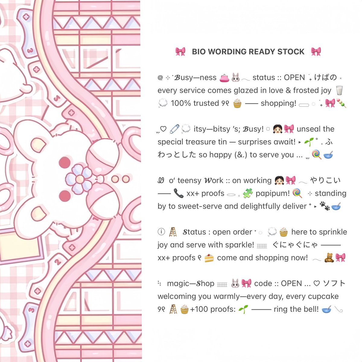 anodmali's tweet image. ⠀
ꔛ 𓈒˚  ⊹    help retweet? tysm!   ⊹

⁺ 𓂋 𓈒 🐾  halo! aku bawain bio wording ready stock for BA . . .  🎀🧁  bisa kamu jemput with price only IDR. 3.500 ▷˚﹢ 🍭👛 check ALT for more  ୧ ׅ ࣪ ⊹ ketuk DM untuk order ₊˚ ♡۫  💭🥣

♡ ꒰   #zonauang   ׂ꒱ ♡
⠀