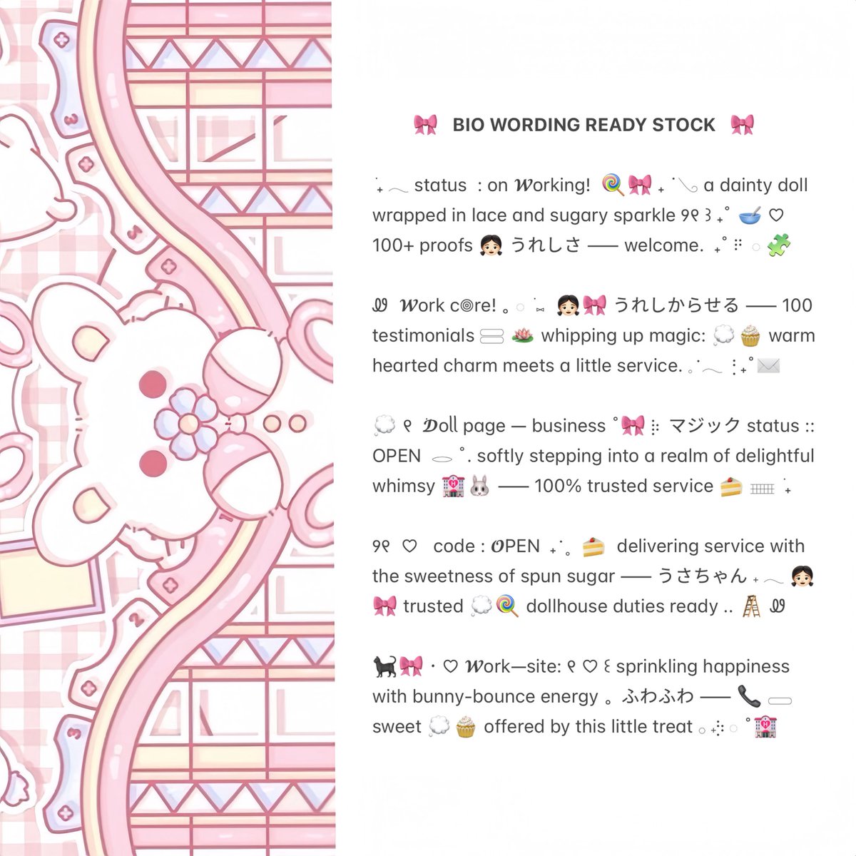 anodmali's tweet image. ⠀
ꔛ 𓈒˚  ⊹    help retweet? tysm!   ⊹

⁺ 𓂋 𓈒 🐾  halo! aku bawain bio wording ready stock for BA . . .  🎀🧁  bisa kamu jemput with price only IDR. 3.500 ▷˚﹢ 🍭👛 check ALT for more  ୧ ׅ ࣪ ⊹ ketuk DM untuk order ₊˚ ♡۫  💭🥣

♡ ꒰   #zonauang   ׂ꒱ ♡
⠀