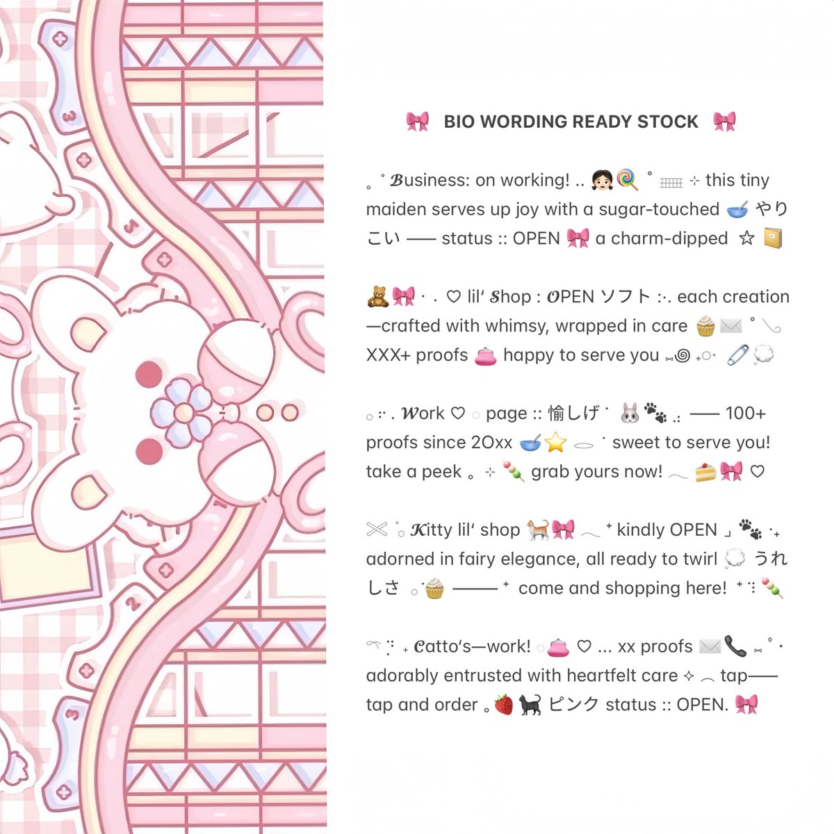 anodmali's tweet image. ⠀
ꔛ 𓈒˚  ⊹    help retweet? tysm!   ⊹

⁺ 𓂋 𓈒 🐾  halo! aku bawain bio wording ready stock for BA . . .  🎀🧁  bisa kamu jemput with price only IDR. 3.500 ▷˚﹢ 🍭👛 check ALT for more  ୧ ׅ ࣪ ⊹ ketuk DM untuk order ₊˚ ♡۫  💭🥣

♡ ꒰   #zonauang   ׂ꒱ ♡
⠀