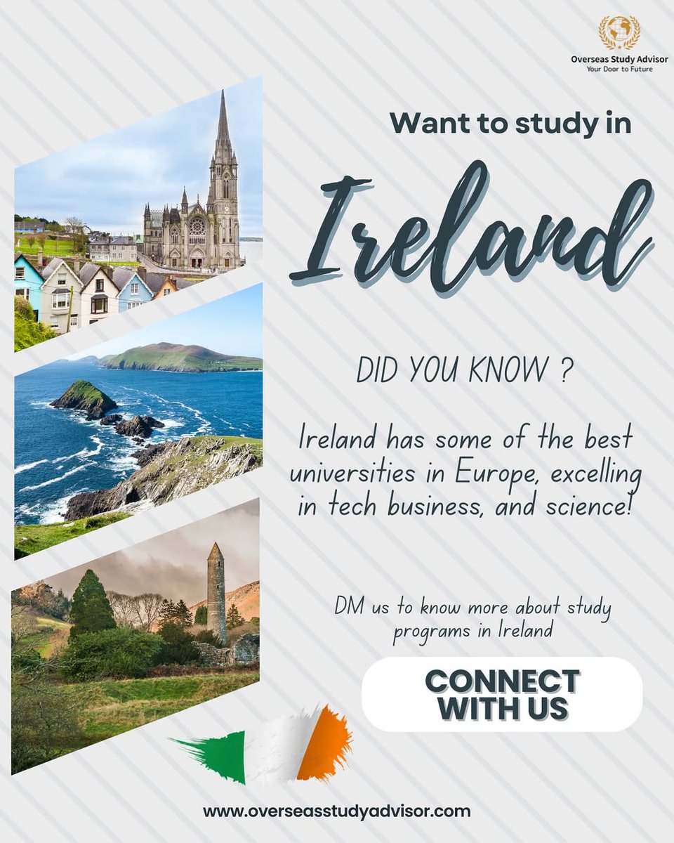 advisorOSA's tweet image. Did you know?

#Ireland is home to some of world’s top universities and offers a 2-year post-study work #visa!✨ Whether you’re dreaming of studying business, tech, or arts—Ireland has it all.

Connect with us &amp;amp; get your study abroad started! 🇮🇪

#StudyInIreland #ExploreIreland