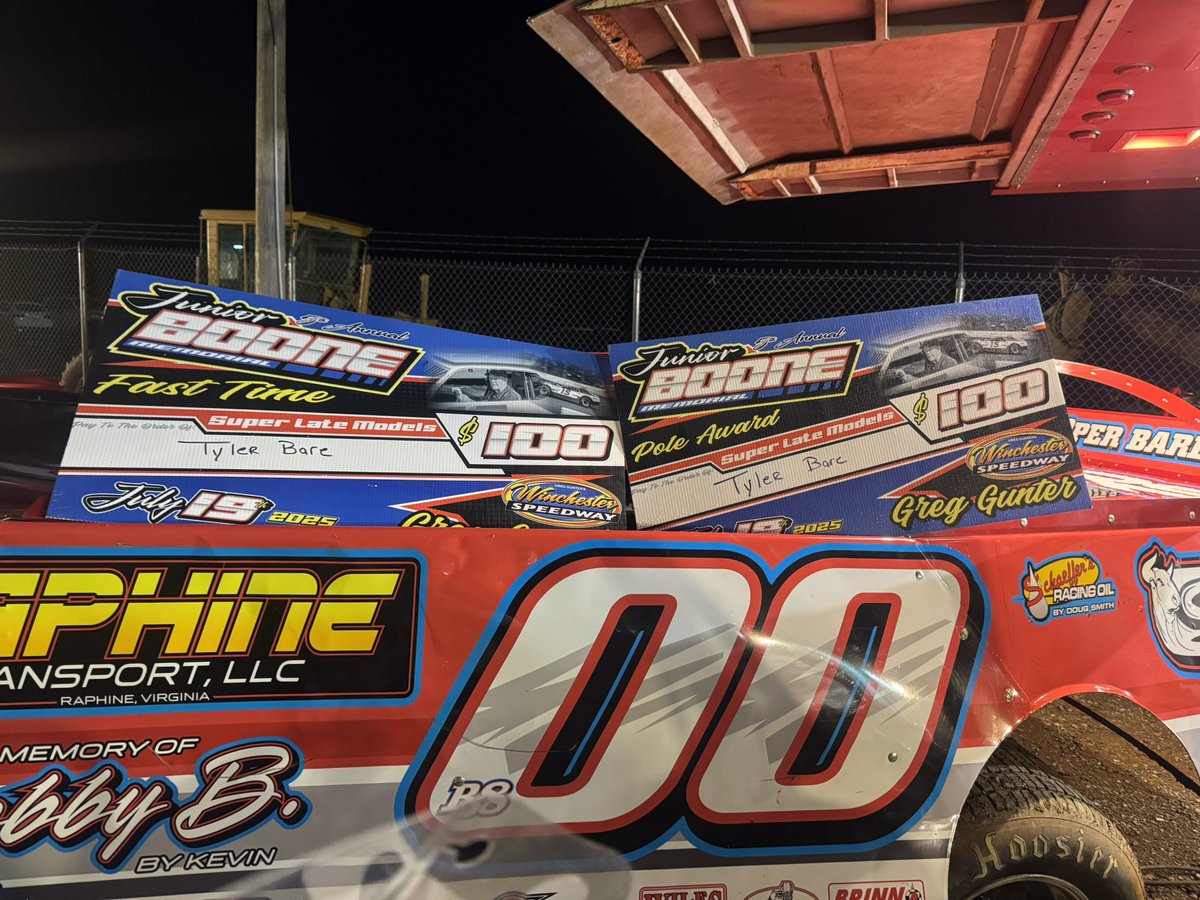 🚨 Race Results WINNER🏁 🙏🚨
July 19th, 2025
Winchester Speedway - Virginia
Junior Boone Memorial
Super Late Model - 18 Competitors

Time Trials - 1st 🏁
Heat - 1st 🏁
Feature - 1st 🏁

Swept the night to pick up win No.6 Huge Thank you to the Boone Family for having this event