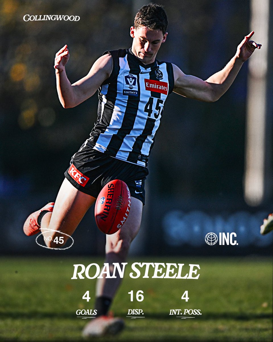 CollingwoodVFL's tweet image. Steele returns to the VFL in STYLE 🪄✨
After two AFL games, Roan Steele has returned to the VFL side and continued to play at an AFL standard, kicking four goals in our 15-point win over Geelong 👏