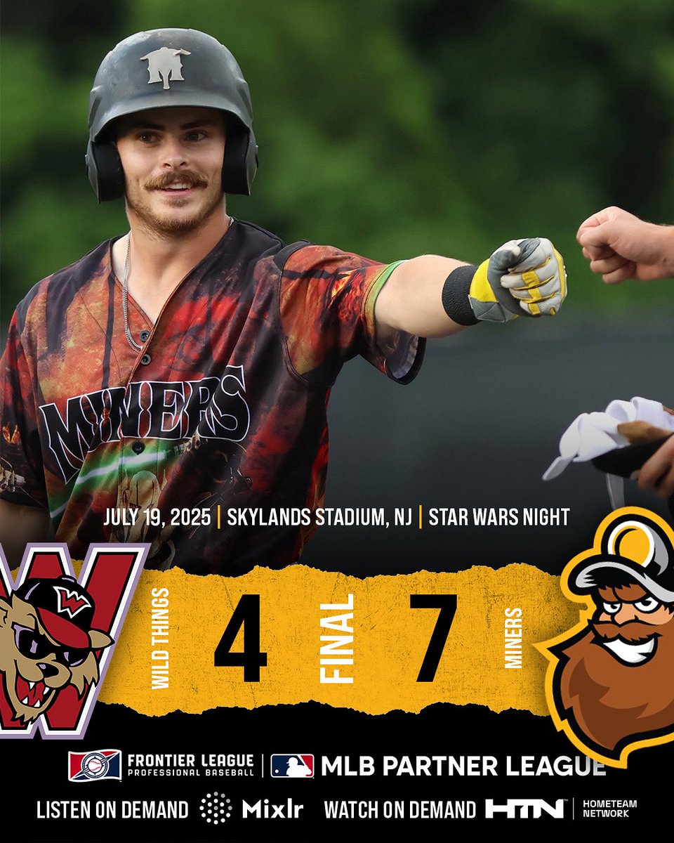 The Miners Win! ⛏️ 

On Star Wars night, the Miners picked up the victory over the Washington Wild Things, 7-4. 

Outfielder #10 Gabriel Maciel recorded two hits, bringing his hitting streak up to 16 consecutive games. His batting average now sits at a team high .411%.
