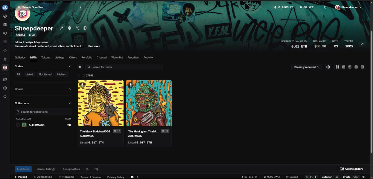 "ALTERMASK Collection: The Beginning"

✍️🍀🍄🍺😊😊
opensea.io/0x3d0be4225047…