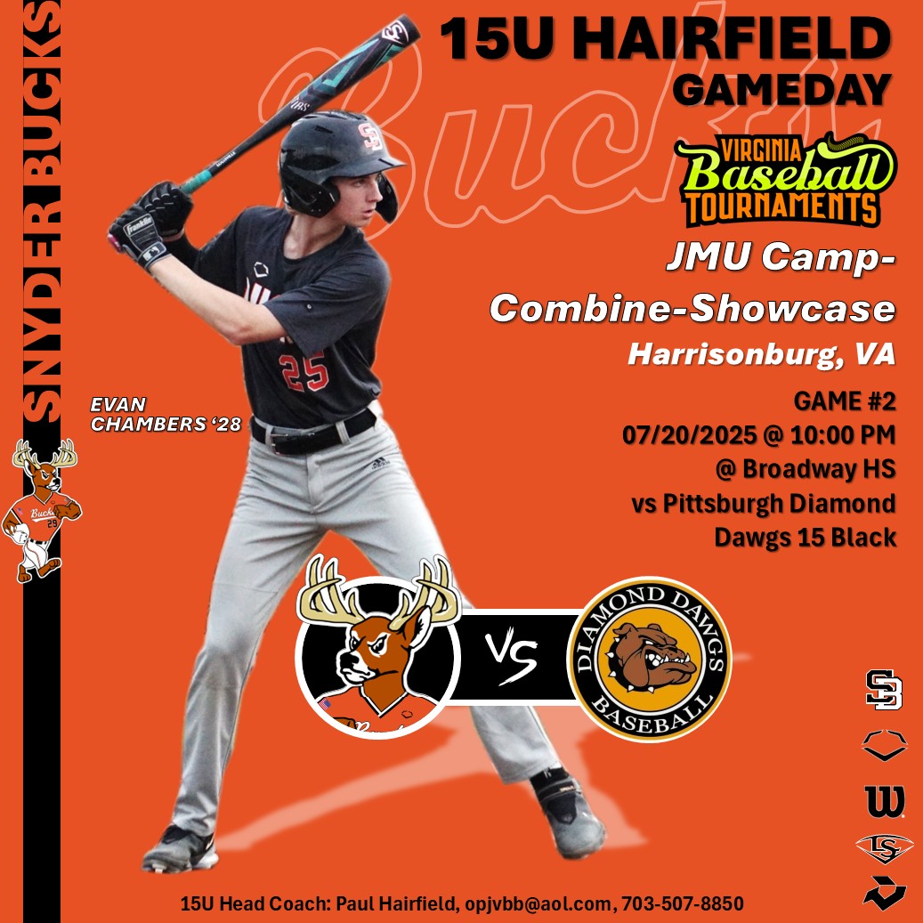 Snyder Baseball (@snyderbaseball) on Twitter photo ⚾️Snyder Bucks 15U Hairfield Game 2
The 15U team gets going at 10 AM at Broadway HS in the <a href="/vabaseballtourn/">VABaseballTourneys</a> JMU Showcase.
'28 Evan Chambers <a href="/EvanChambers25/">Evan Chambers</a> Gets the rock for Game #2.
⚾️🦌Good Luck BUCKS!!!🦌⚾️ ⚾️Snyder Bucks 15U Hairfield Game 2
The 15U team gets going at 10 AM at Broadway HS in the <a href="/vabaseballtourn/">VABaseballTourneys</a> JMU Showcase.
'28 Evan Chambers <a href="/EvanChambers25/">Evan Chambers</a> Gets the rock for Game #2.
⚾️🦌Good Luck BUCKS!!!🦌⚾️