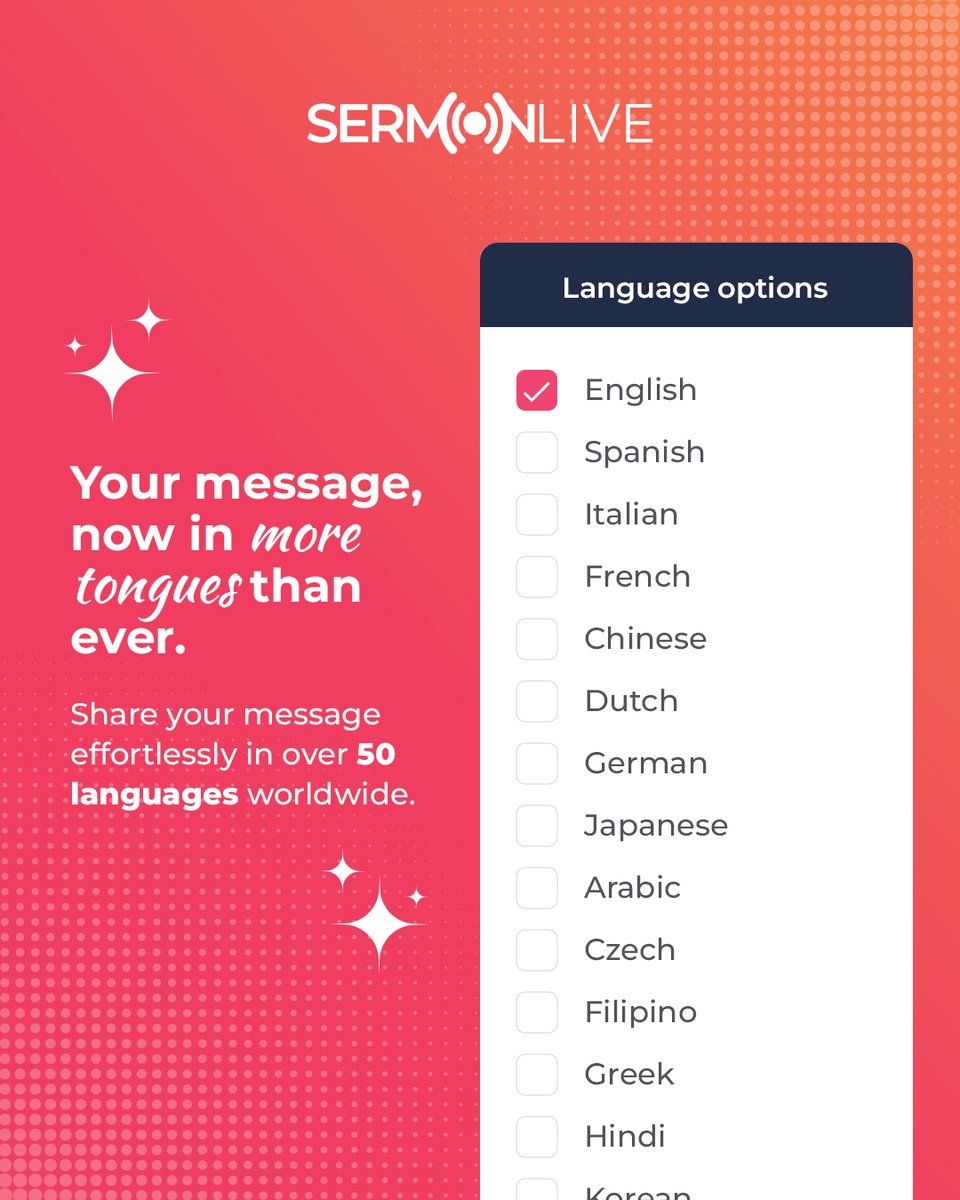 SermonShots's tweet image. 🌍 Your sermon, now in 50+ languages.
With Sermon Live, share the Word across tongues, from Spanish to Arabic and Korean to French.
One message. Global impact.
#SermonLive #ChurchTech #MultilingualMinistry