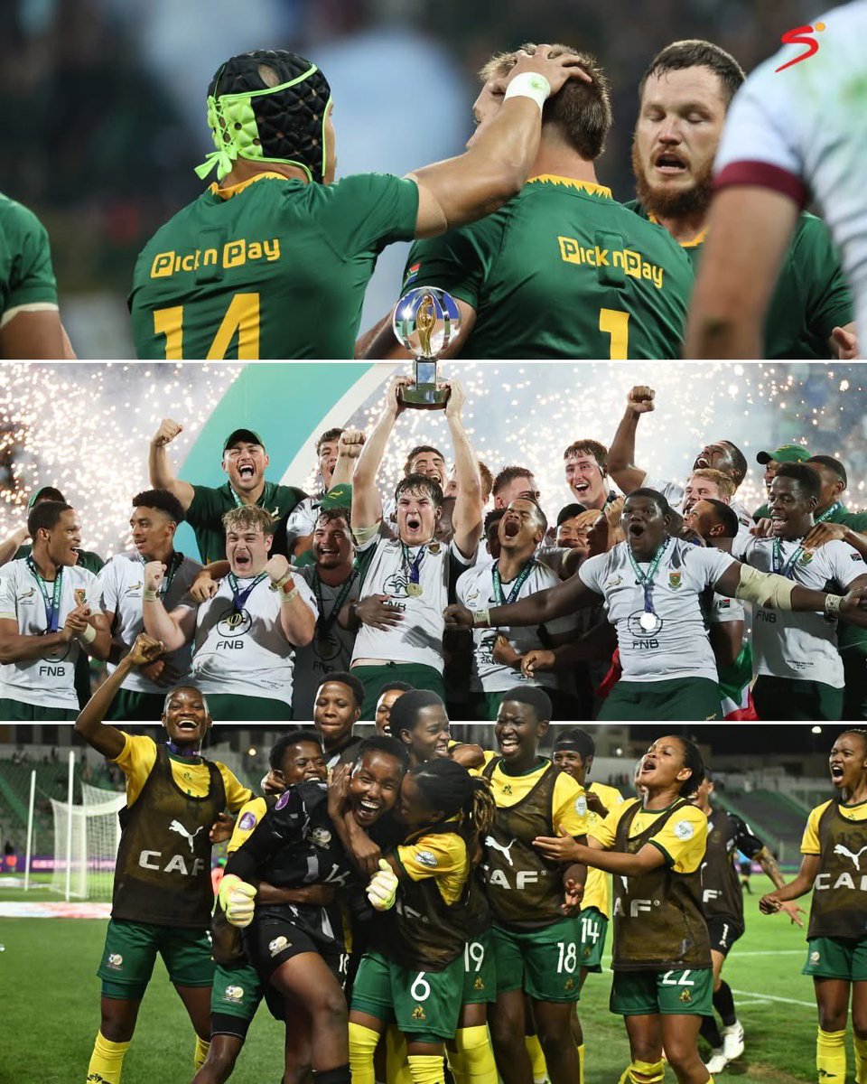 Good morning 🌅 

A very proud 😊 moment of being South African 🇿🇦 … The sports 🏉 ⚽️ that Unite the Nation 

Congratulations 🥳 🙌 🥂 

*Springbok
*Junior Boks 🏆 
*Banyana-Banyana

Amazing 🤩 weekend for Us , Winning Nation …. No DNA, Just RSA