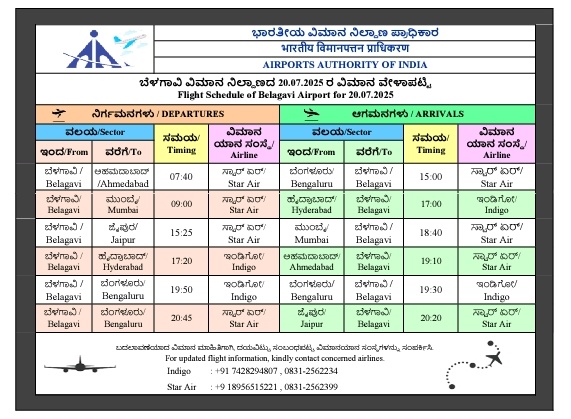 Flight Schedule for 20.07.2025
#BelagaviAirport #AAI
<a href="/AAI_Official/">Airports Authority of India</a> <a href="/AAIRHQSR/">Regional Executive Director AAI Southern Region</a> <a href="/MoCA_GoI/">MoCA_GoI</a>