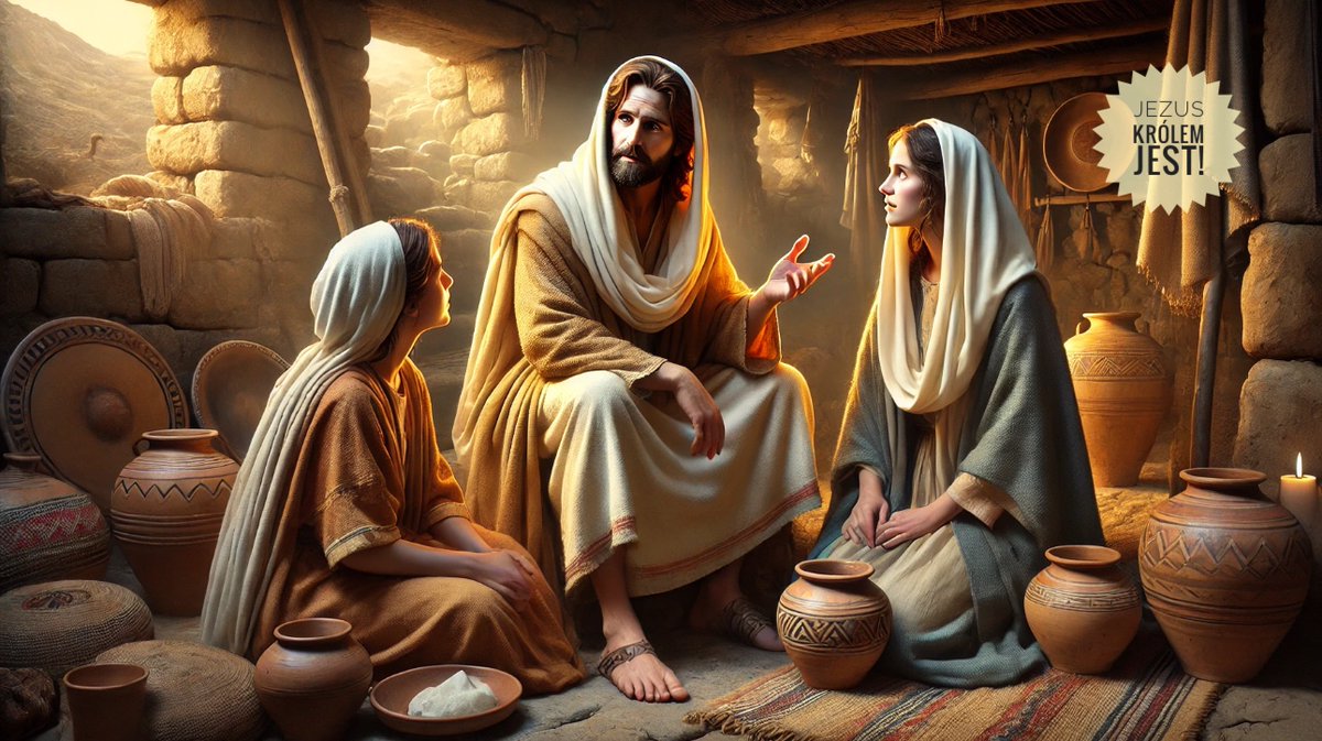 MarekJanPytko's tweet photo. „Jezus przyszedł do jednej wsi. Tam pewna niewiasta, imieniem Marta, przyjęła Go w swoim domu. Miała ona siostrę, imieniem Maria, która usiadłszy u nóg Pana, słuchała Jego słowa. Marta zaś uwijała się około rozmaitych posług. A stanąwszy przy Nim, rzekła: Panie, czy Ci to obojętne, że moja siostra zostawiła mnie samą przy usługiwaniu? Powiedz jej, żeby mi pomogła. A Pan jej odpowiedział: Marto, Marto, martwisz się i niepokoisz o wiele, a potrzeba mało albo tylko jednego. Maria obrała najlepszą cząstkę, której nie będzie pozbawiona.”
Łk 10, 38n