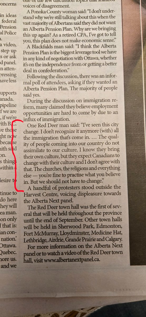 mchykerda's tweet image. In case you missed it, the Alberta Next open house in Red Deer had some zingers. From the pages of the @RedDeerAdvocate comes this zinger of big "I'm not racist, BUT...." vibes: