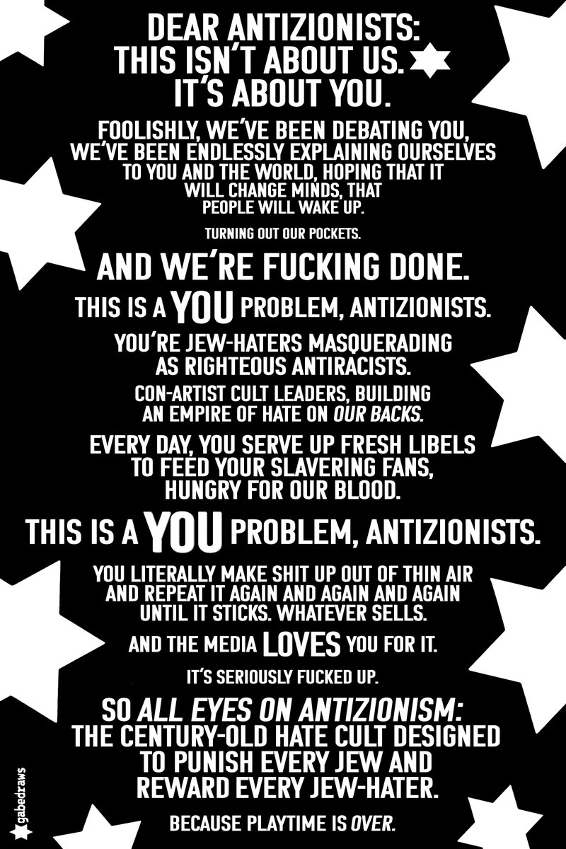 gabedrawsX's tweet image. Dear #Antizionists: This isn't about us. ✡︎ It's about YOU.
Thermal sticker, 4x6.
Available at JCRNOW.COM
@thewebbie @OzAmichai @havivrettiggur @HenMazzig @blakeflayton