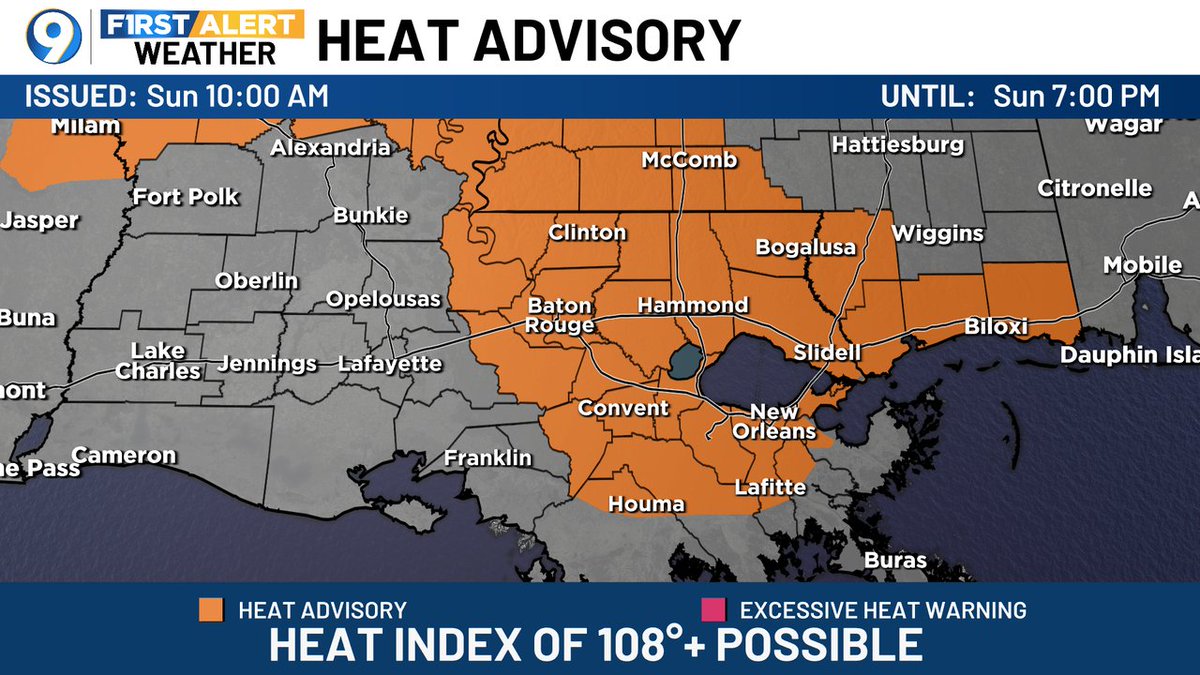 SteveWAFB's tweet image. A Heat Advisory has been posted for the areas in orange. Heat index values could reach/exceed 108 degrees. More >> wafb.com/weather?utm_me… #LAwx