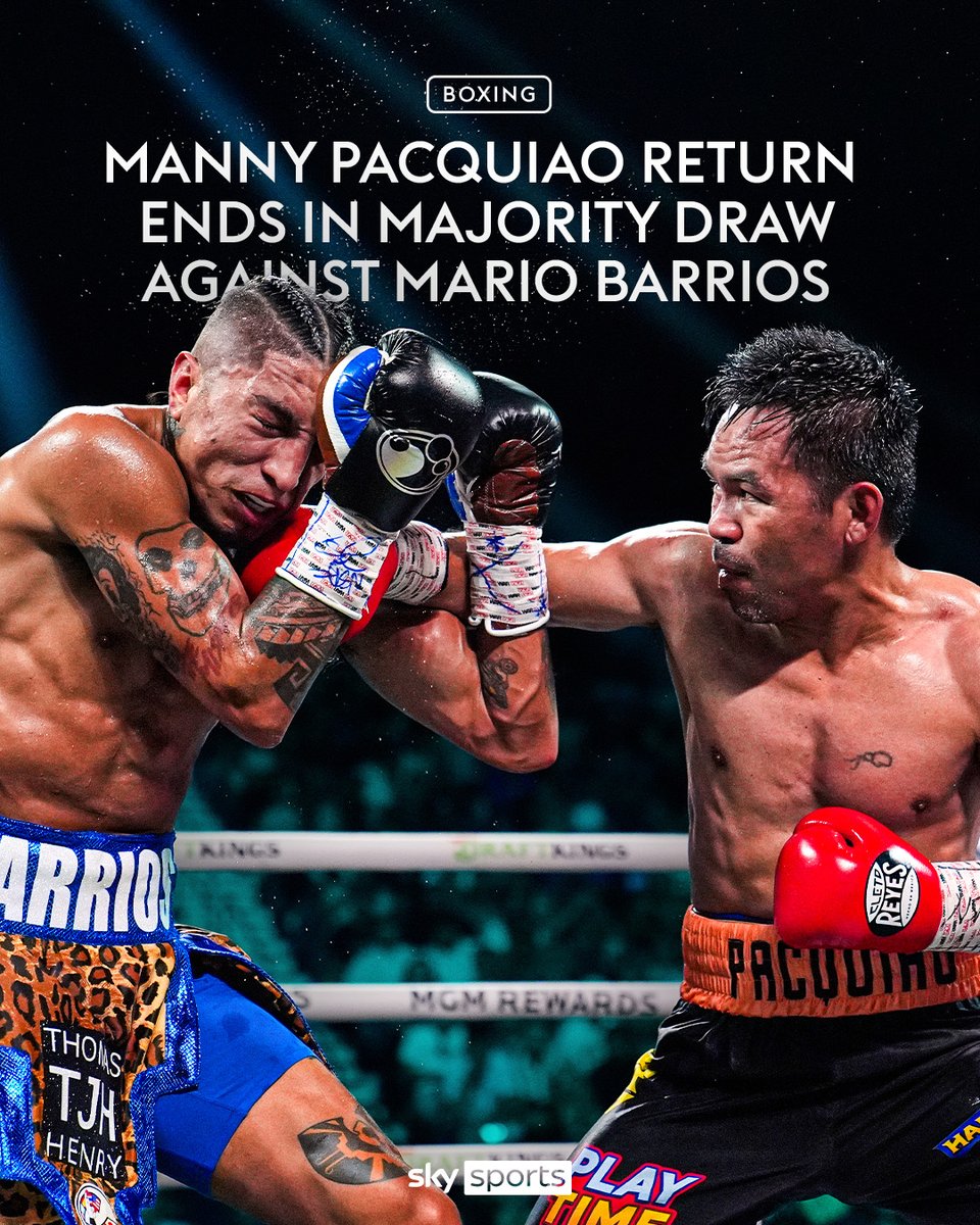 SkySportsBoxing's tweet image. Manny Pacquiao returned to the ring for the first time in four years, but the 46-year-old came up just short of winning the WBC welterweight championship after a majority draw against Mario Barrios 🥊