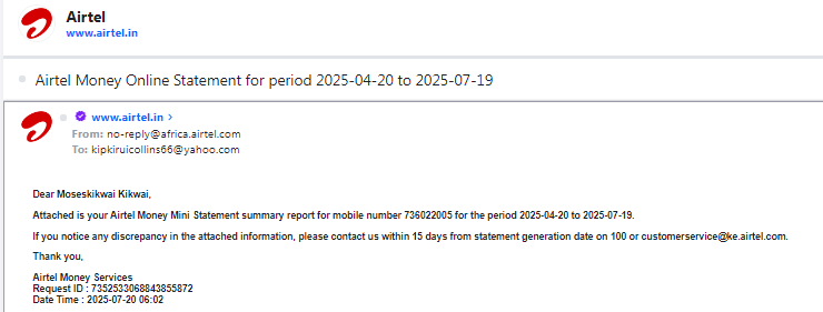 Colloo039's tweet photo. @AIRTEL_KE Morning, i request for the name to be change on my Agent Code 85418310 at Kericho Airtel Shop on 09-07-2025 and 12-07-2025 to COLLINS YEGON but upto now,it has not been effected, Shida ni nini?. I have check on the online AirtelMoney statement. My number is 0736022005. https://t.co/3yMkSKeBO2