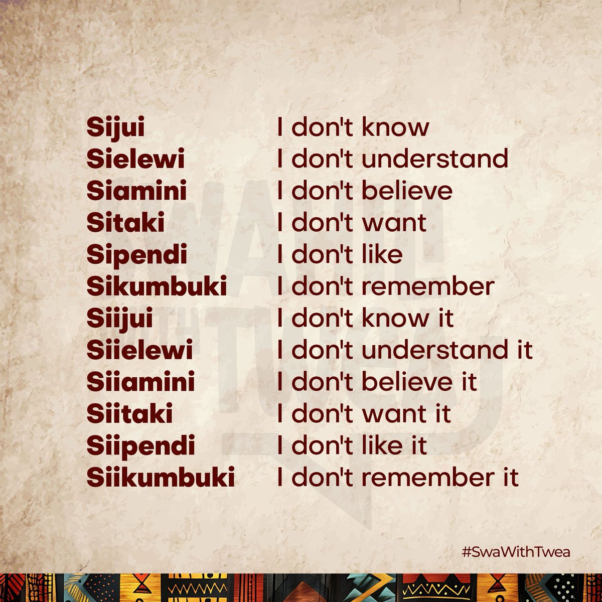 KiswahiliNaTwea's tweet image. Hamjambo
Expand your #Swahili diction.
Remember, there are no silent letters in words 🤗
#SwaWithTwea