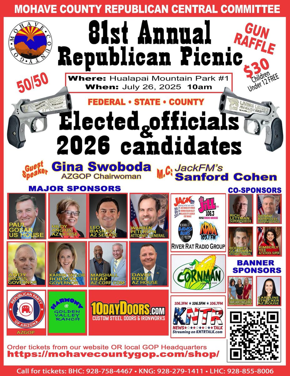 🔥 I’m honored to be a major sponsor and featured speaker at the 81st Annual Mohave County Republican Picnic—one of the biggest conservative gatherings in Northern Arizona! 🔥

📍 Hualapai Mountain Park #1
📅 Saturday, July 26 • 10:00 AM

I’ll be speaking alongside some of