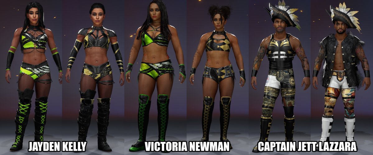 RealRoyalRev's tweet image. Here are a few of my caws waiting to be signed to your shows. Get them using the #Revenant on next gen and as @MoonChildShigeo & @TeamGrimm said don't poach their attires. Feel free to use the Rev Caw Gears Sets tho. Diego and Bryce both use Island hair, alternate is avaliable 2.