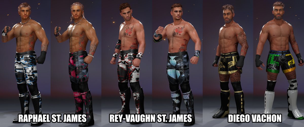 RealRoyalRev's tweet image. Here are a few of my caws waiting to be signed to your shows. Get them using the #Revenant on next gen and as @MoonChildShigeo & @TeamGrimm said don't poach their attires. Feel free to use the Rev Caw Gears Sets tho. Diego and Bryce both use Island hair, alternate is avaliable 2.