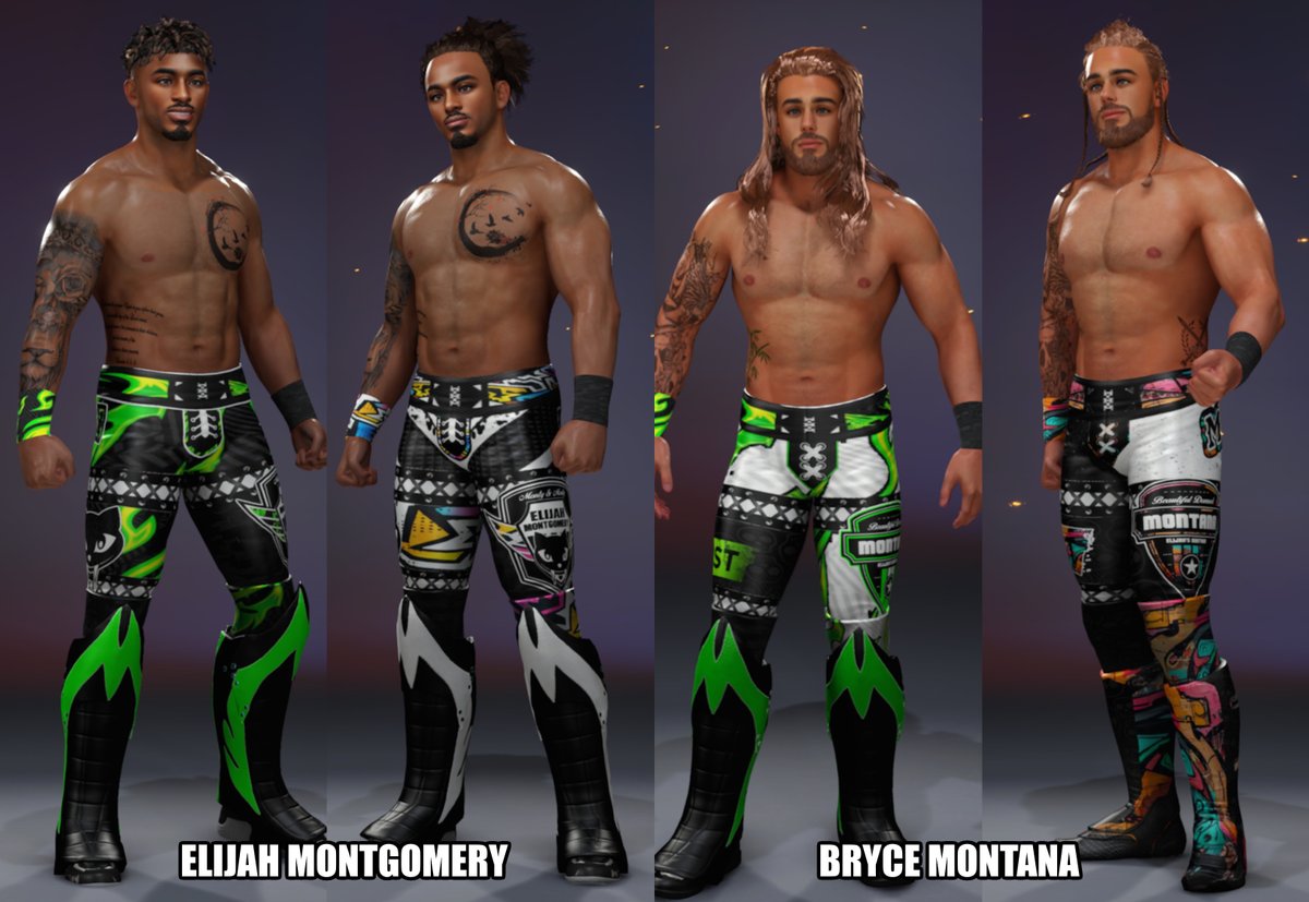 RealRoyalRev's tweet image. Here are a few of my caws waiting to be signed to your shows. Get them using the #Revenant on next gen and as @MoonChildShigeo & @TeamGrimm said don't poach their attires. Feel free to use the Rev Caw Gears Sets tho. Diego and Bryce both use Island hair, alternate is avaliable 2.