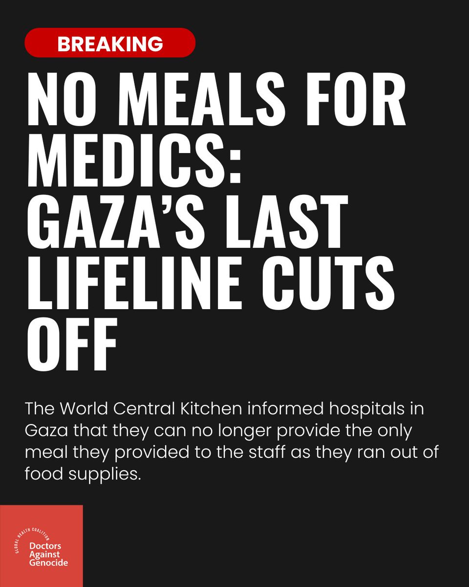 docstopgenocide's tweet image. BREAKING: The only meal hospital staff in Gaza were receiving — provided by World Central Kitchen — has stopped. WCK has run out of food.
Doctors, nurses, paramedics — already collapsing from exhaustion — now have nothing to eat.
They are saving lives while starving.
This is…