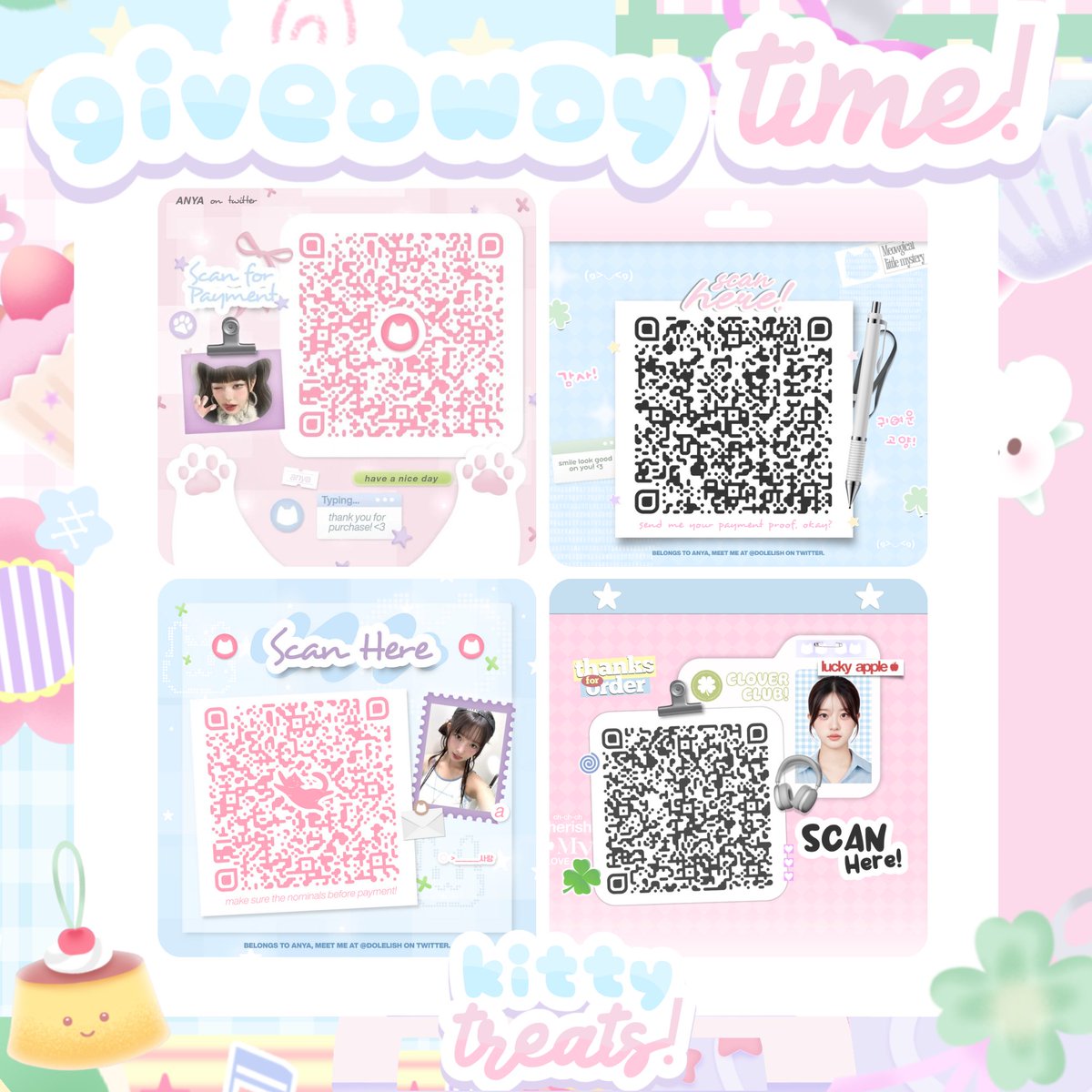 dolelish's tweet image. repost retweet appreciated! ☘️

hi, aku lagi ada giveaway enam qr qris deco dengan catalogue dibawah ini yaaa! giveaway kali ini disponsori dari kak Nala (@cattypawsh) dalam rangka hari ulang tahun-nya🐈🍒⭐️ check ALT untuk cara ikutan! 

#zonauang