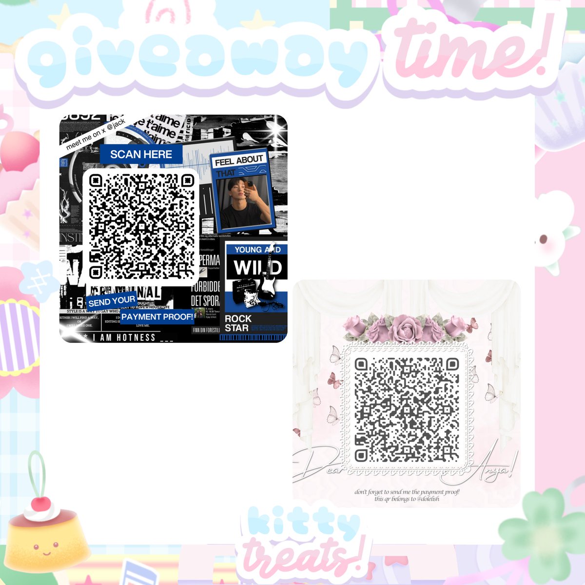 dolelish's tweet image. repost retweet appreciated! ☘️

hi, aku lagi ada giveaway enam qr qris deco dengan catalogue dibawah ini yaaa! giveaway kali ini disponsori dari kak Nala (@cattypawsh) dalam rangka hari ulang tahun-nya🐈🍒⭐️ check ALT untuk cara ikutan! 

#zonauang