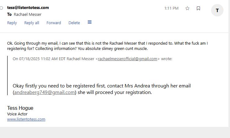 Yeah...it was crickets after calling them out. <a href="/rachaelmesser/">Rachael (making antisemites mad) Messer</a> will not charge people to "register" for a casting call.