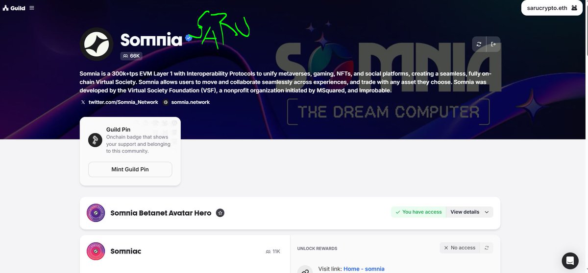 Theo <a href="/Somnia_Network/">Somnia</a>  đừng quên làm bên Guild nha các sir.
Thiếu coi chừng hụt ăn...
🔰🔰🔰
guild.xyz/somnia
Có nhiều task khó, k biết có bác nào làm chưa, share cho Saru cày ké với.hihi
😅
