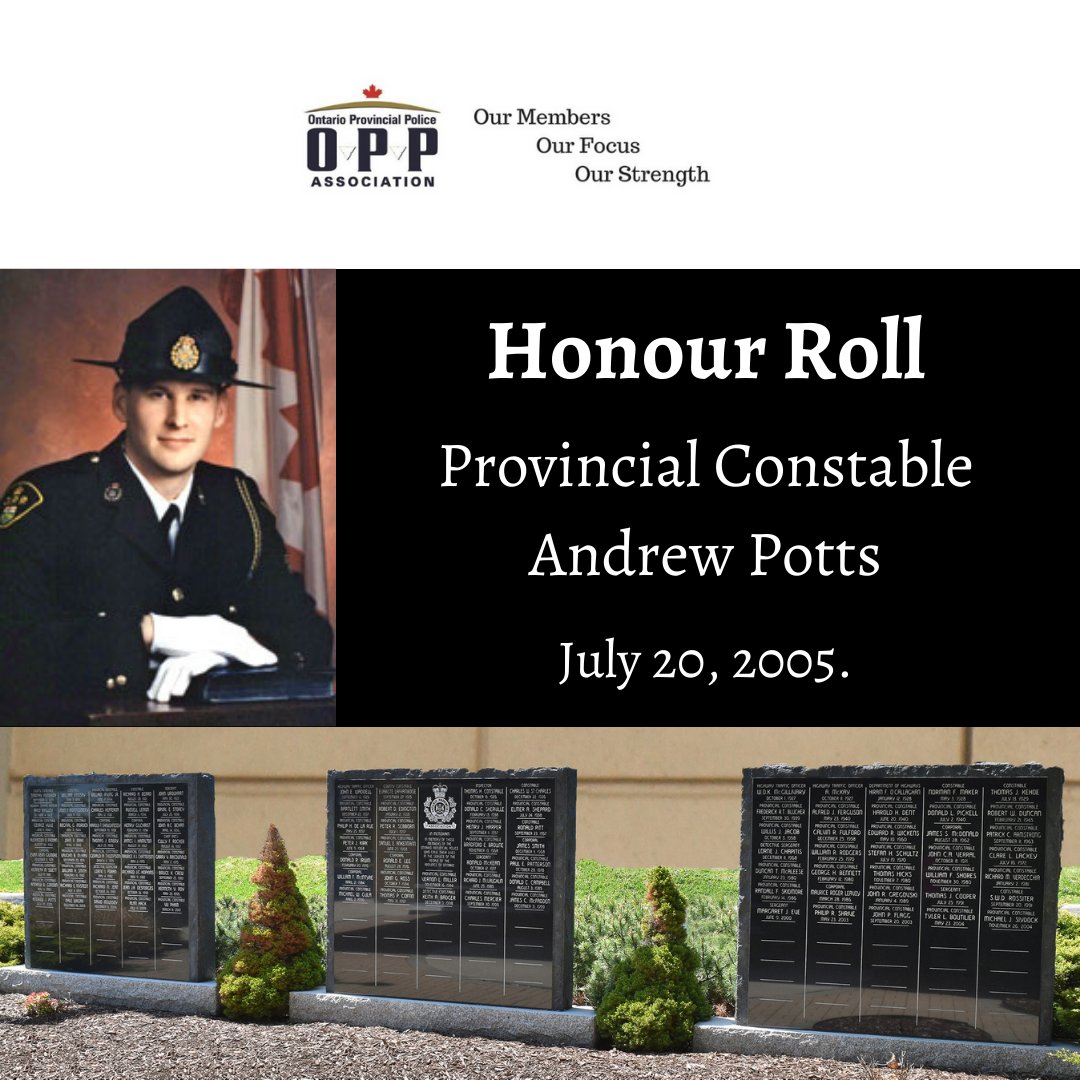 On July 20, 2005 OPP Provincial Constable Andrew Potts died in the line of duty when his police cruiser hit a moose on Muskoka Road 169 near Walkers Point Rd between Gravenhurst &amp; Bala. PC Hanes was injured. Andrew's service and sacrifice is always remembered. #HeroesInLife