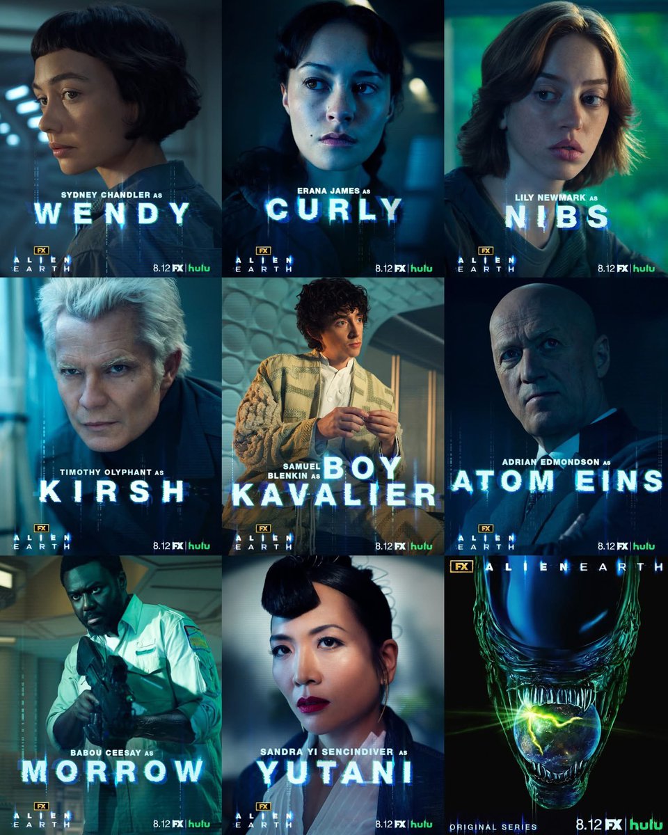 CCG_Podcast's tweet image. All ‘Alien Earth’ character posters. The series premieres on August 12 on FX.