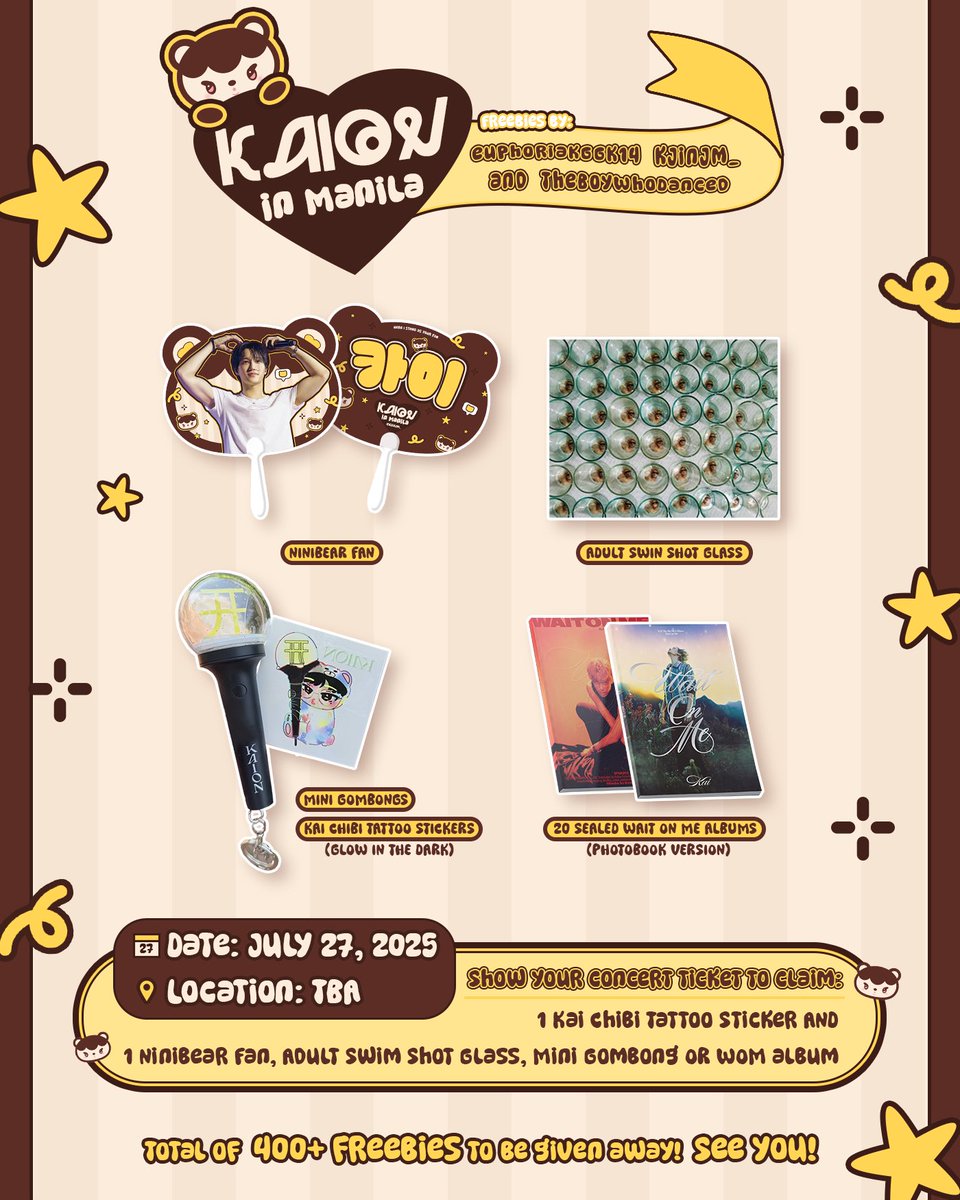 KAION in Manila

Freebies by <a href="/EuphoriaKGGK14/">𝕎𝔸𝕀𝕋 𝕆ℕ 𝕂𝔸𝕀 🌊🧸💛</a> <a href="/kjinjm_/">rich ♡꩜</a> and <a href="/TheBoyWhoDanced/">The Boy Who Danced</a> 

📅 Date: July 27, 2025
📍 Location: TBA
🎟️ Show your concert ticket or any Kai merch to claim

Total of  400+ freebies to be given away! 
See you! 😊

* No mobbing! We have the right to stop handing out
