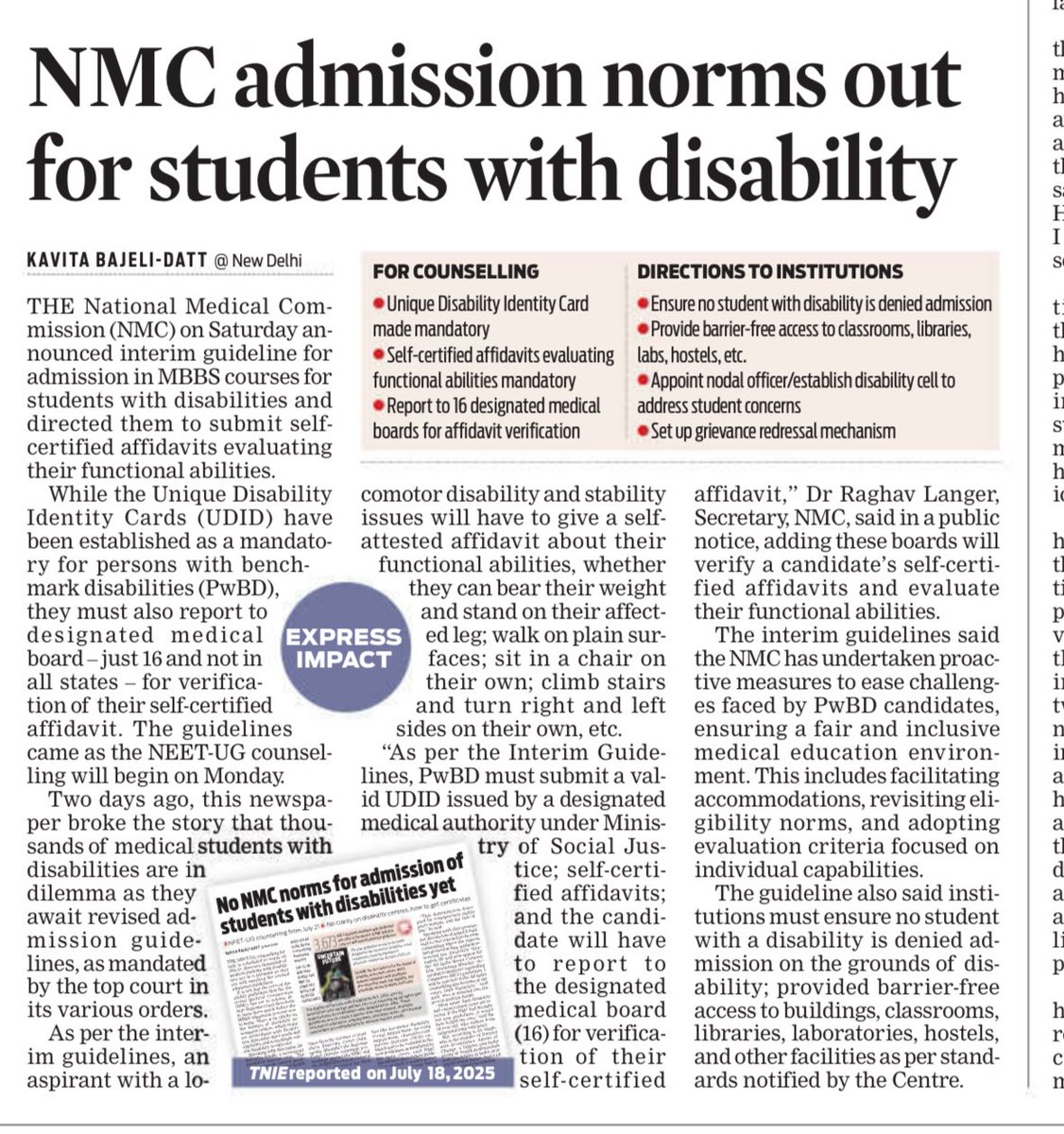 NMC makes UDID card mandatory, asks students with disability to submit self-attested affidavits to prove functional abilities

<a href="/NewIndianXpress/">The New Indian Express</a> <a href="/TheMornStandard/">TheMorningStandard</a> <a href="/NMC_BHARAT/">National Medical Commission</a> <a href="/drsitu/">Dr Satendra Singh, MD</a> <a href="/DwDAoC/">Doctors With Disabilities 🇮🇳 🩺 👩🏻‍🦽</a> <a href="/MoHFW_INDIA/">Ministry of Health</a> <a href="/OfficeofJPNadda/">Office of JP Nadda</a> <a href="/JPNadda/">Jagat Prakash Nadda</a> <a href="/PMOIndia/">PMO India</a>