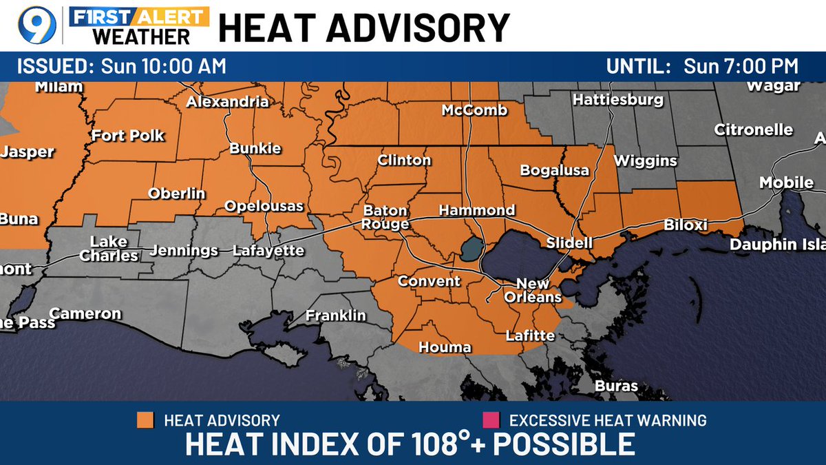 SteveWAFB's tweet image. A Heat Advisory has been posted for the areas in orange. Heat index values could reach/exceed 108 degrees. More >> wafb.com/weather?utm_me… #LAwx