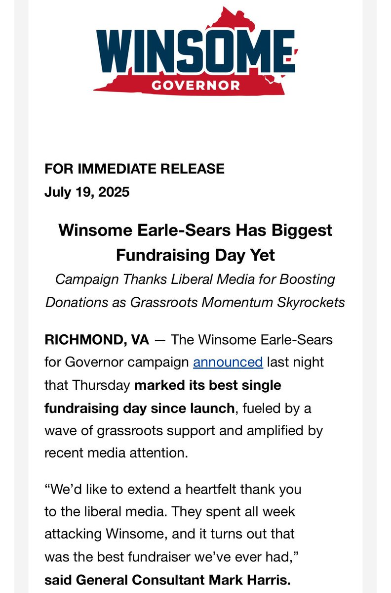 Lokay's tweet image. INBOX: VA GOP gubernatorial nominee Winsome Earle-Sears’ campaign says Thursday marked her “best single fundraising day since launch.”
They did not disclose exactly how much.