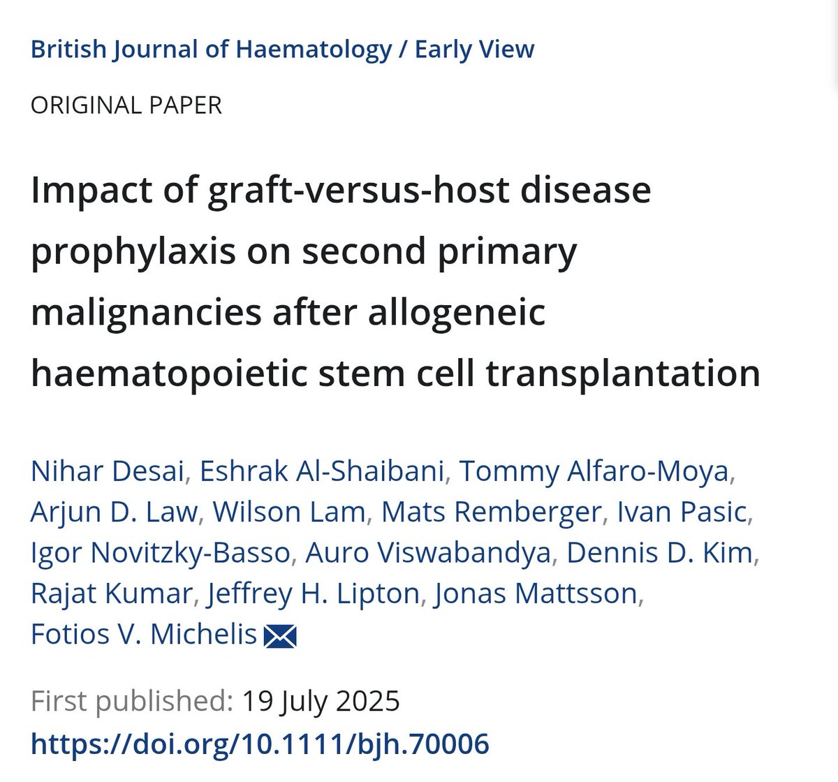 ๐ก๐ถ๐ต๐ฎ๐ฟ ๐๐ฒ๐๐ฎ๐ถ MD, DM (@nihardesai89) on Twitter photo ๐ข Now out in <a href="/BrJHaem/">British Journal of Haematology</a> ๐๐
Our latest work from the <a href="/pmcancercentre/">Princess Margaret Cancer Centre</a> explores how GvHD prophylaxis influences the risk of second primary malignancies after allogeneic transplants using a large cohort of 1,418 patients (>6000 person-years of follow up)
onlinelibrary.wiley.com/doi/10.1111/bjโฆ ๐ข Now out in <a href="/BrJHaem/">British Journal of Haematology</a> ๐๐
Our latest work from the <a href="/pmcancercentre/">Princess Margaret Cancer Centre</a> explores how GvHD prophylaxis influences the risk of second primary malignancies after allogeneic transplants using a large cohort of 1,418 patients (>6000 person-years of follow up)
onlinelibrary.wiley.com/doi/10.1111/bjโฆ