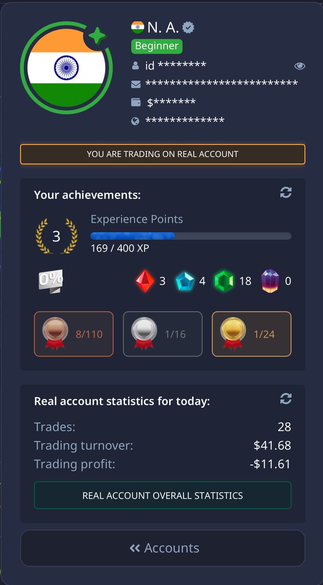 AHMED74_28's tweet image. @pobroker 
Hi, I have enough gems to buy a $10 risk-free Cancel Loss trade, but my account level (Beginner, 169/400 XP) doesn’t qualify. Please allow me to use it once to restart my trading. Trader ID: 87917033. Thanks! #pocketoption #TradingHelp #BinaryOptions @pobroker