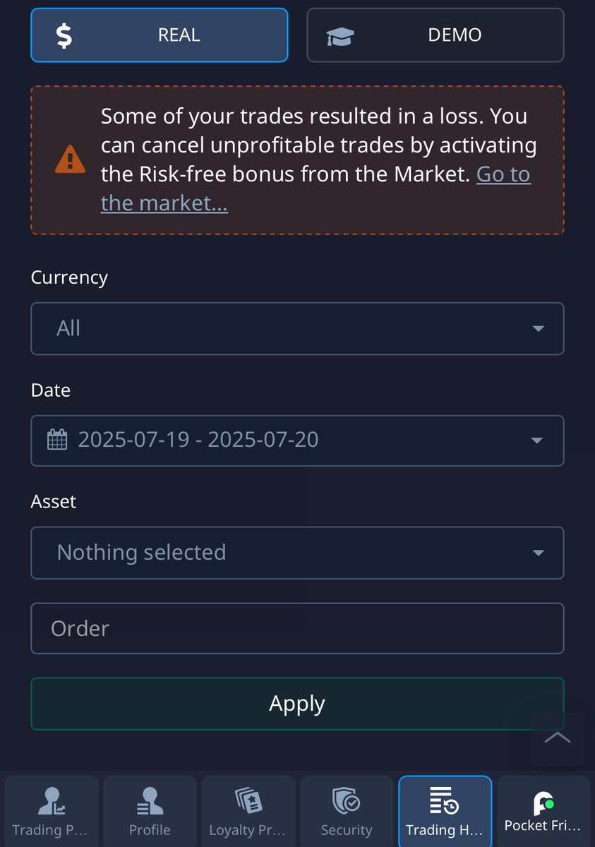 AHMED74_28's tweet image. @pobroker 
Hi, I have enough gems to buy a $10 risk-free Cancel Loss trade, but my account level (Beginner, 169/400 XP) doesn’t qualify. Please allow me to use it once to restart my trading. Trader ID: 87917033. Thanks! #pocketoption #TradingHelp #BinaryOptions @pobroker