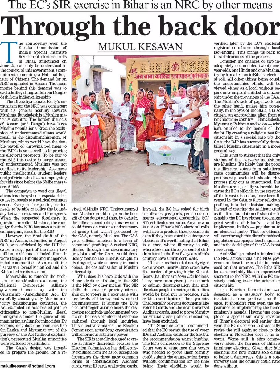 mukulkesavan's tweet image. Amit Shah promised to implement the NRC across India. The NDA government hasn’t been able to make good on that promise. The Election Commission’s SIR in Bihar looks remarkably like an improvised shortcut to the NRC, with the EC unwisely making itself the arbiter of citizenship.