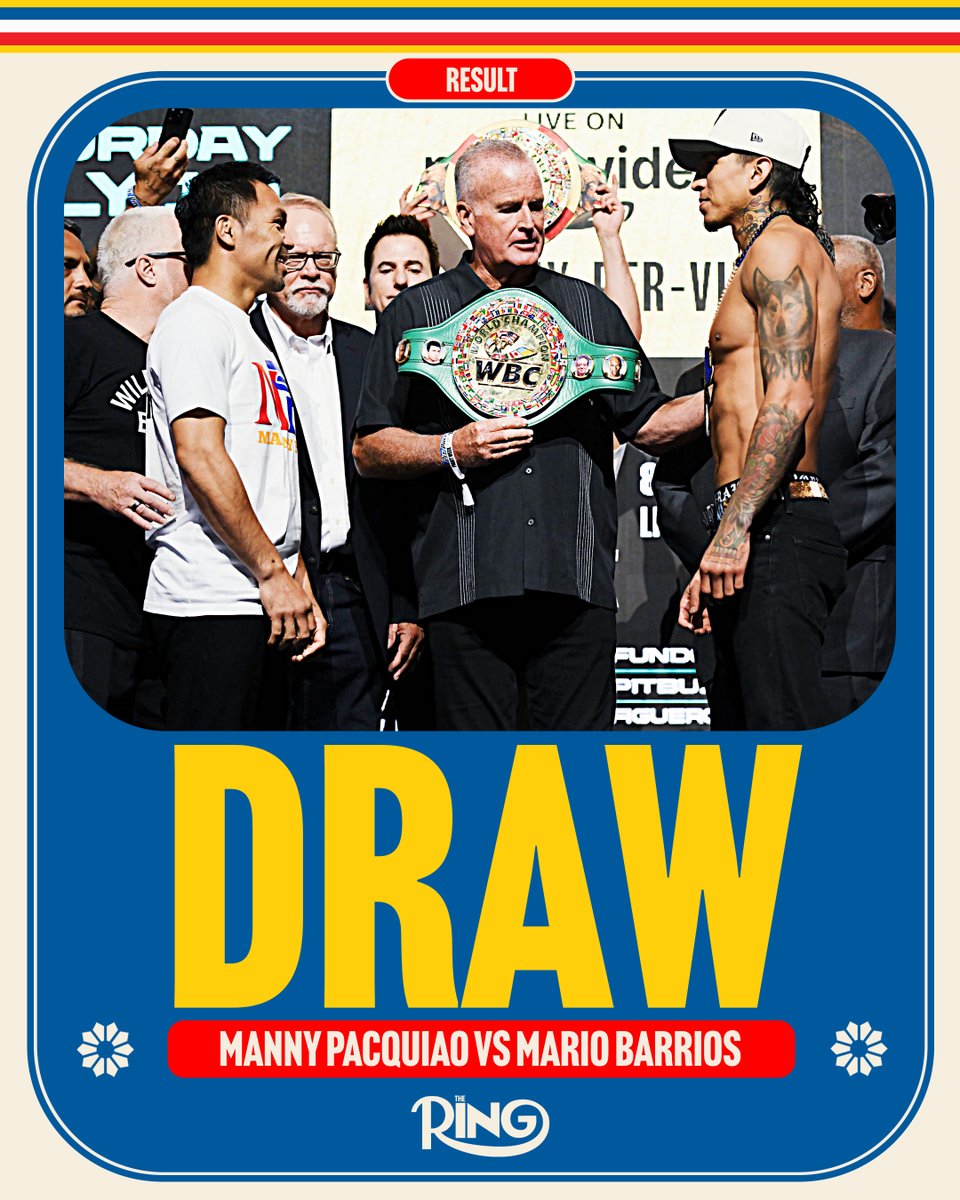 ringmagazine's tweet image. ‼️Manny Pacquiao vs Mario Barrios is officially scored a majority draw.

Barrios retains his WBC welterweight title 🏆