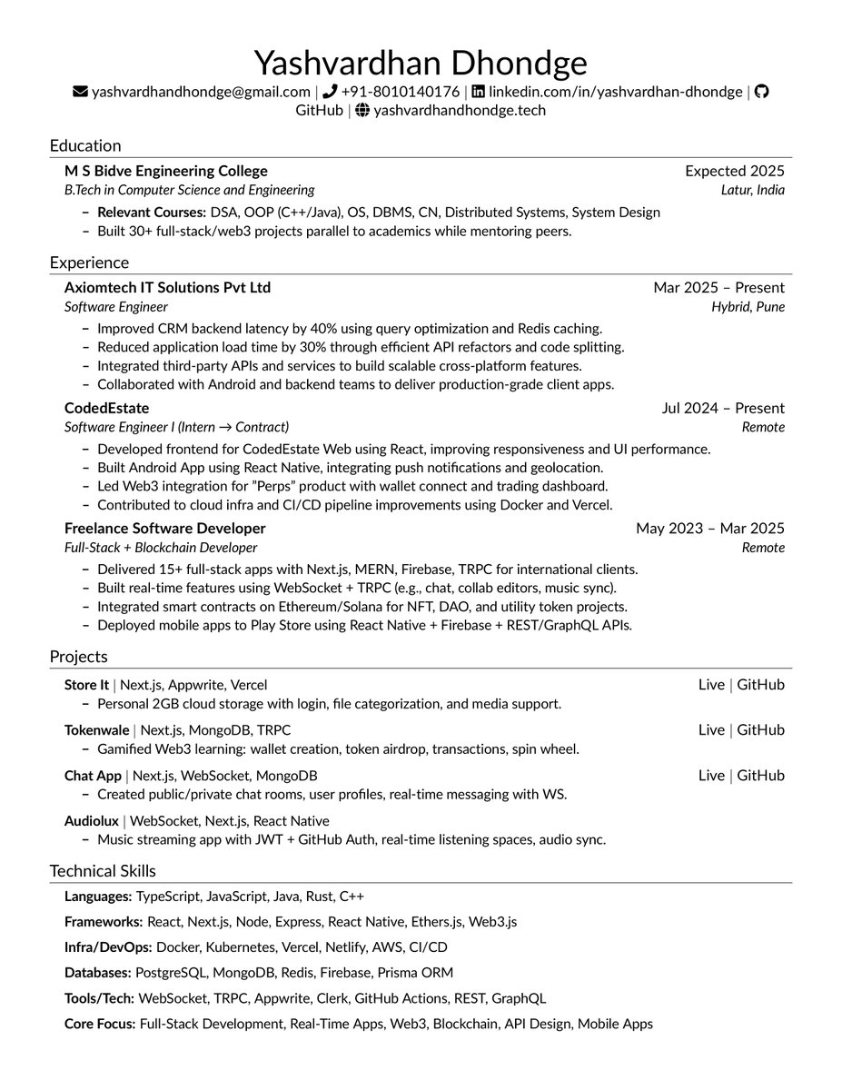 yashvardhandho3's tweet image. I need suggestions on which resume looks better the one attached below or the one in the link. I'm currently applying to top MNCs but haven't been getting any interview calls.
Resume link: drive.google.com/file/d/1lh-pE_…