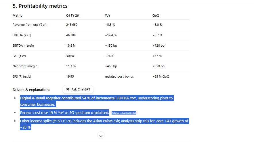 SunilVTinani's tweet image. Added new checks on #fINSIGHTS

chatgpt.com/g/g-6871eedbcf…

Upload any QR or AR to check. You won&apos;t need any analyst&apos;s help. 

Check RIL Q1 2026 QR analysis